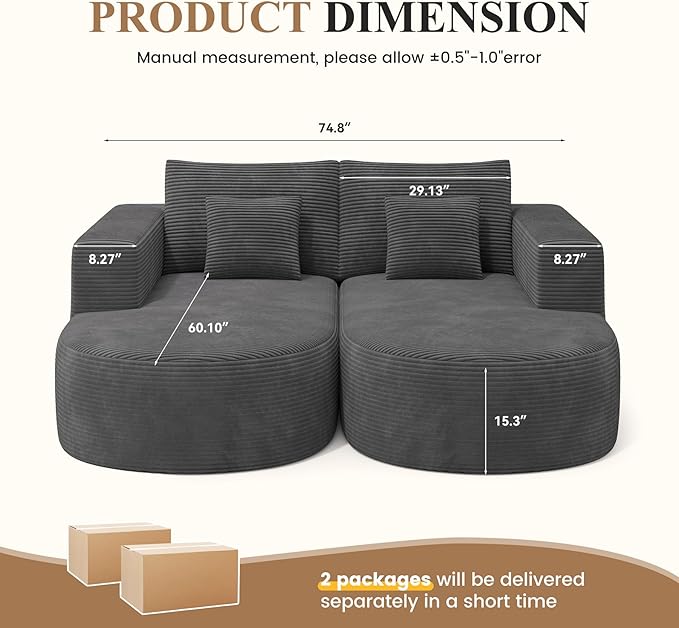 Modular Sectional Sofa BedConvertible Cloud Couches for Living Room2 Chaise Corduroy Boneless Couch Sleeper Sofa SetOversized Chaise Lounge Chair for BedroomNo Assembly RequiredGray 1PCS