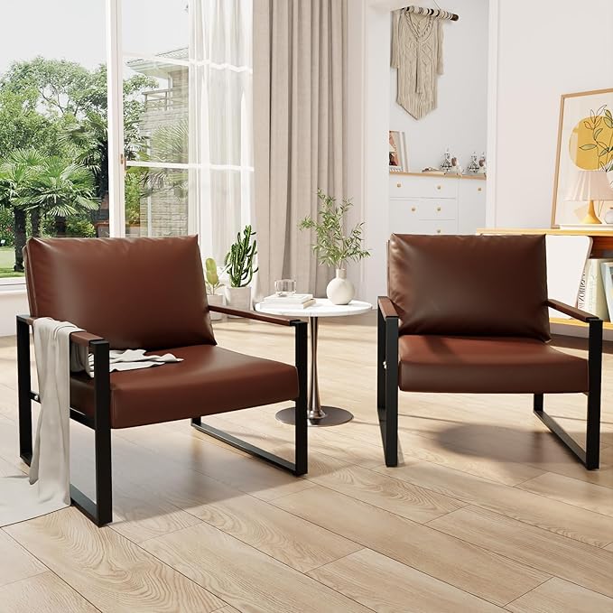 Recaceik Modern Accent Chair Set of 2 Arm Chairs Faux PU Leather Single Large Upholstered Sofa ChairErgonomic Lounge Living Room Chair for Bedroom Waiting Room Office Apartment Small SpaceBrown