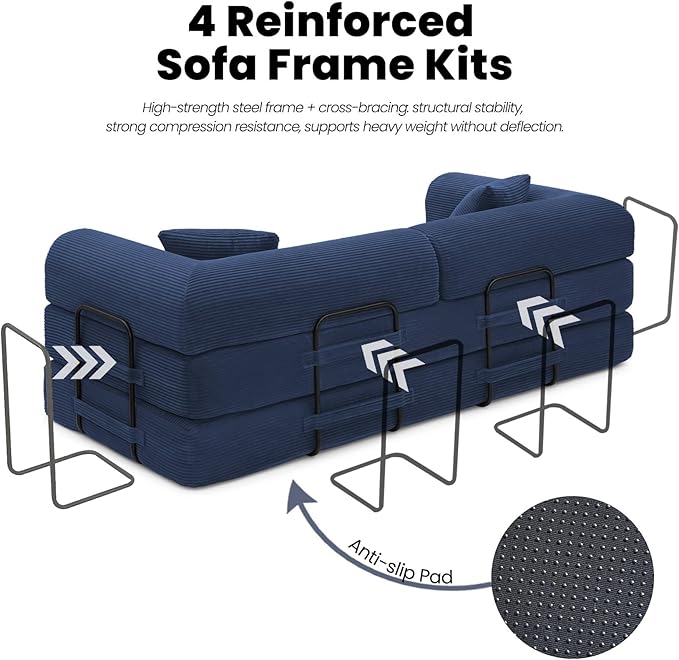 79 5-in-1 Convertible Sofa Bed Premium Sleeper with Reinforced Frame &amp Plush Corduroy No Assembly Modern Couch for Lounge Living Room &amp Guest Room Blue