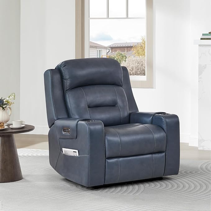 Watson &amp Whitely Genuine Leather Power Recliner Chairs for Adults Lay Flat Recliner with Power Headrest USB Ports and Cup Holders Electric Reclining Sofa for Living Room Bedroom Navy
