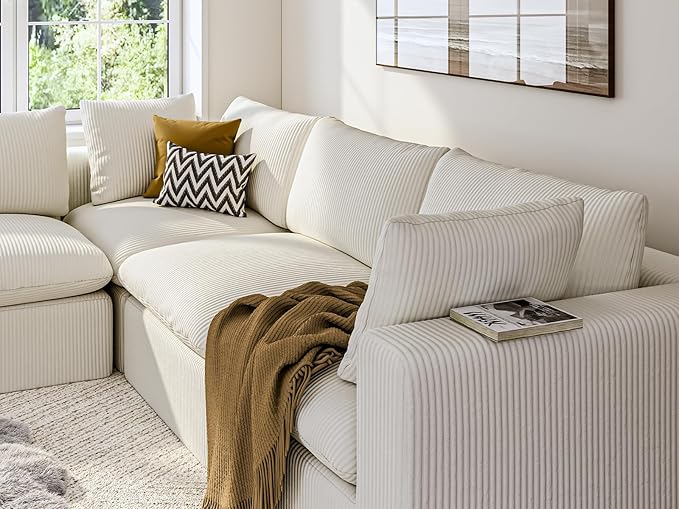ARSURA 106” Cloud Couch for Living Room | L-Shaped Boneless Couch | Modular Sectional Couch | Corduroy Off-White