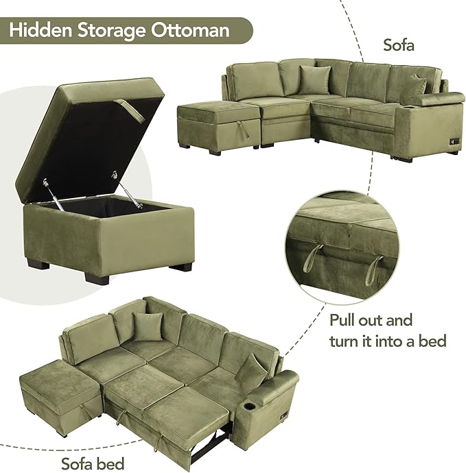 Merax Sofa Bed Sleeper Couch L Shaped Sofa with Storage Ottoman and Cup Holder L-Shape Sectional Couch with Comfortable Backrest and Charging Function for Living Room and Small Apartment (Green)