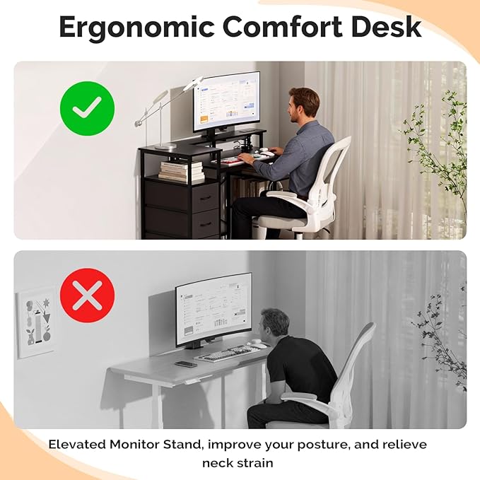 VINGLI 47 Inch L-Shaped Computer Desk Small Computer Gaming Desk with Fabric Drawers &amp Storage Shelves Charging Station Monitor Stand for Home Office Black