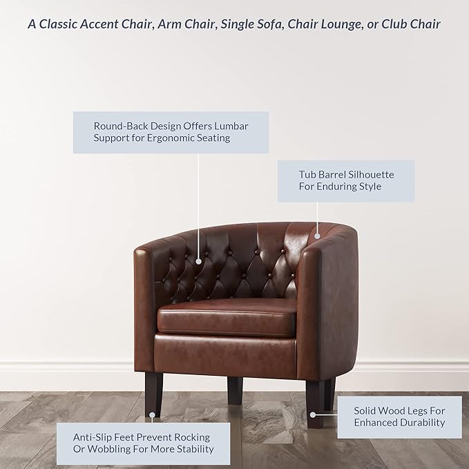 BELLEZE Accent Barrel Arm Chair Modern Comfy Upholstered Tufted Club Chair with Sturdy Legs and Linen Fabric for Bedroom Living Room - Caramel