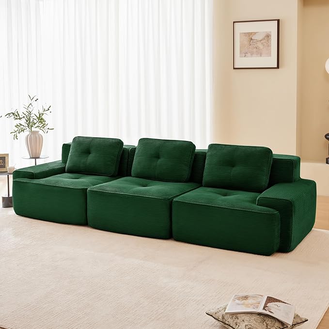117 Modern Compressed Boneless Couch 3 Seater Sectional Couches for Living Room Green Corduroy Cloud Modular Sectional Sofa Comfy Memory Foam Extra Deep Sofas para Sala No Assembly