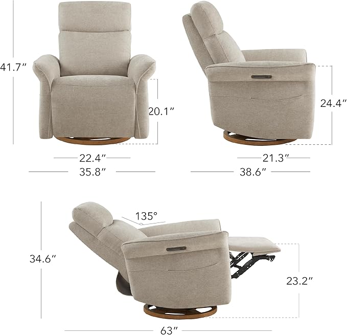 CHITA Power Recliner Chair Electric Triple-Motor Swivel Glider Nursery Rocking Chair with Adjustable Power Headrest and Lumbar Support GREENGARD Gold Certified Solid Wood Base Khaki Grey