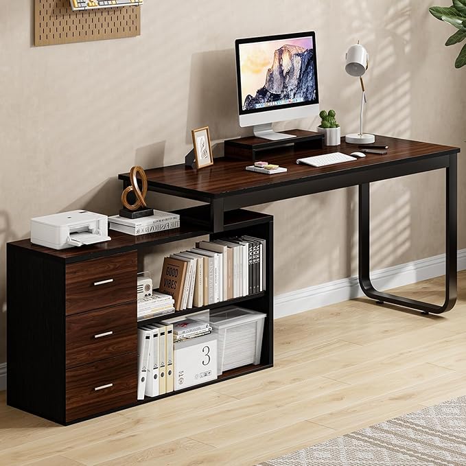 55 Inch L Shaped Desk with 3 Drawers Home Office Desk with Storage Shelves Computer Desk with Monitor Stand Black