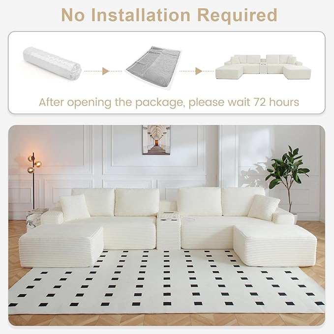 150 Oversized Modular Sectional SofaU-Shape Corduroy Couch with USB Ports and Cup HoldersWireless Charging &amp Storage BoxModular Sleeper Sofa for Living Room (Beige 150 Inch)