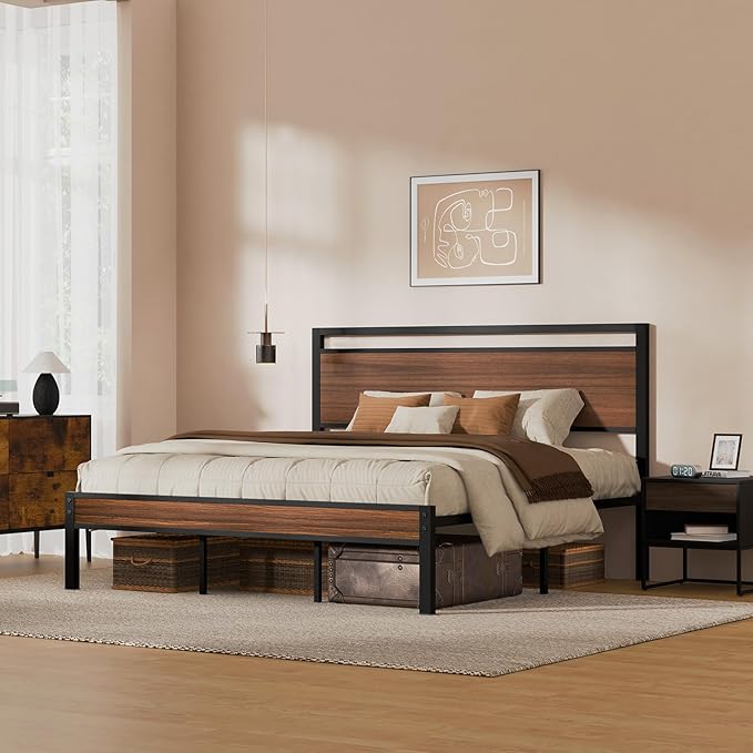 Z-hom King Metal Bed Frame with Wooden Headboard and Footboard Heavy Duty Platform Frame with Metal Slats No Box Spring Needed Quiet and Non-Slip Design Space Saving Bed Frame for BedroomWalnut