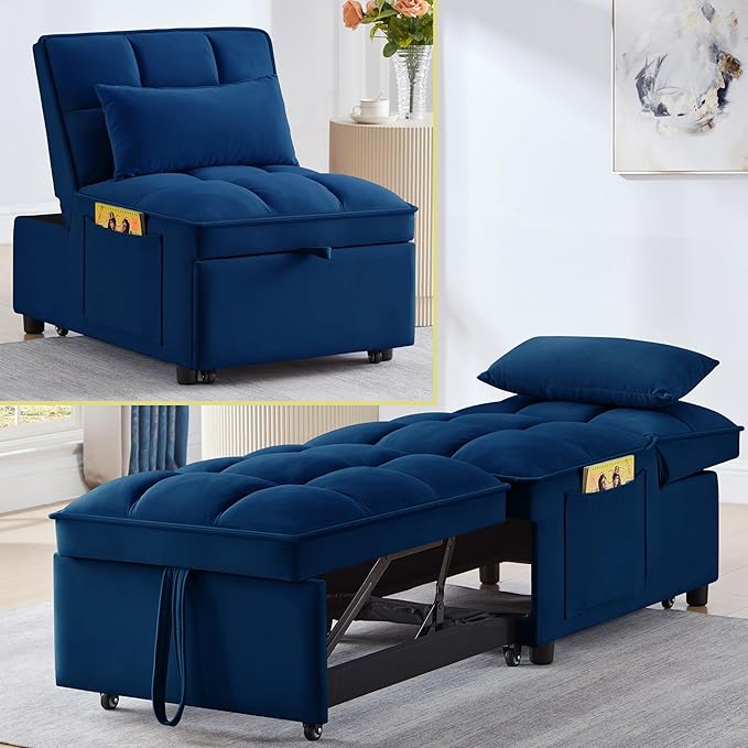 4 in 1 Sleeper Chair with Pullout BedConvertible Lazy Sleeper Sofa Chair withStorage Pockets &amp Adiustable Backrest forLiving Room (Navy)