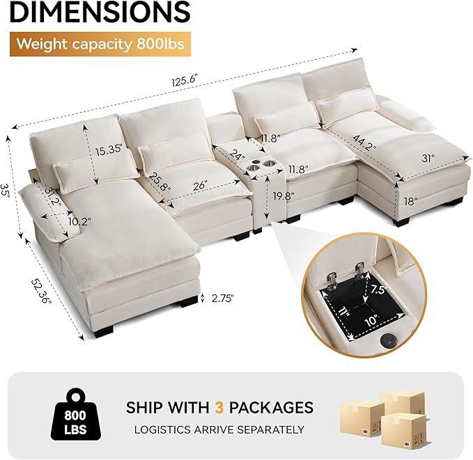 125'' U Shaped Cloud Modular Sectional Sofa with Chaise Lounges Chenille Upholstered Comfy Couch with Storage Console USB Charging Ports &amp Cup Holders Small Deep Seat Sofa for Living Room Beig