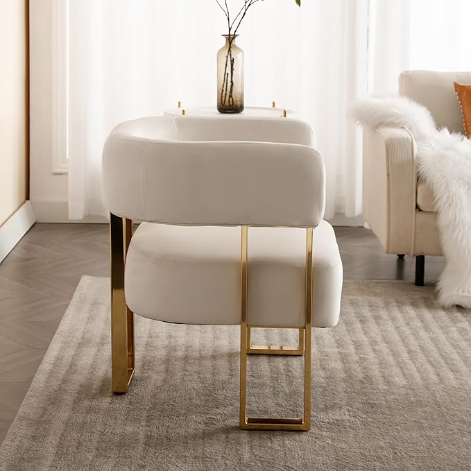 Modern Barrel Accent Chairs Set of 2 Living Room Side Chairs with Golden Metal Legs Soft Velvet Upholstered Reading Armchairs for Bedroom/Reception Room/Lounge/Office Ivory