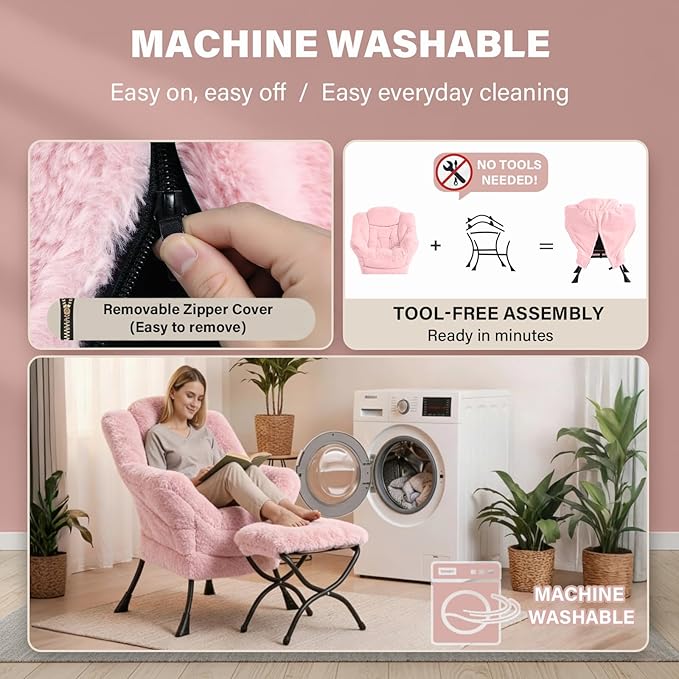 Lazy Chair and Ottoman Large Contemporary Plush Pink Accent Chair with Side Pocket Modern Leisure Upholstered Reading Armchair with Footrest for Office Bedroom Living Room Dorm Balcony