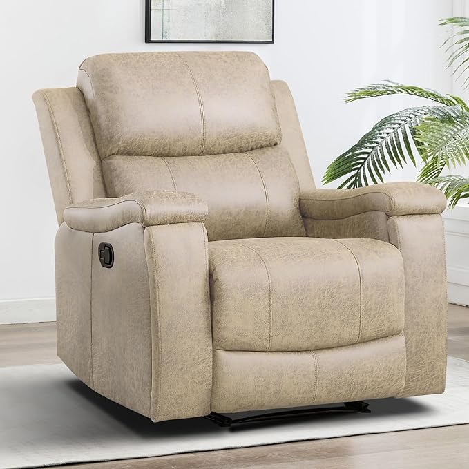 CANMOV Leather Recliner Chair Classic and Traditional Manual Recliner Chair with Overstuffed Arms and Back Manual Single Sofa with Concealed Cup HoldersBeige