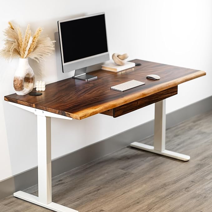 Standing Desk with Drawer – Walnut Solid Wood Desk Natural Live Edge Adjustable Height Dual Motor Sit Stand for Home Office (White W48 x D27)