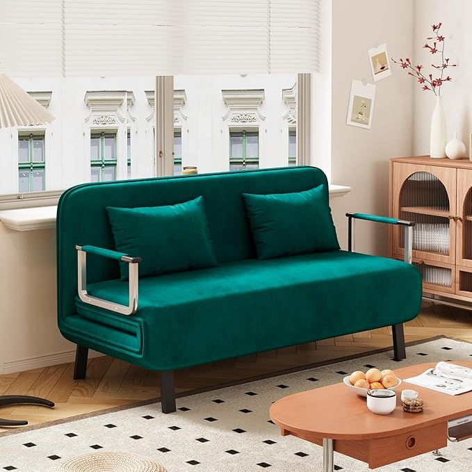 Convertible Sofa Bed Full Size Velvet Tri-Fold Sofa Bed with 6-Position Adjustable Backrest Multi-Functional Folding Chaise Lounge Couch for Home Office 55 W x 74.8 L Antique Green