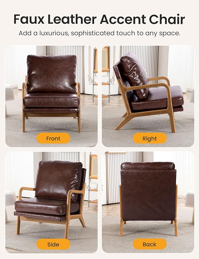 Mid Century Modern Accent Chairs for Living Room 23” Wide Comfy Chair for Bedroom Small Cozy Leather Reading Chairs for Adults 108° Lounge Arm Chair Indoor with Detachable Cover 5.5 Foam Cushion