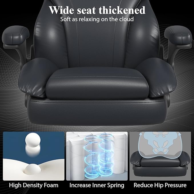 Office Desk Chair Executive Leather Office Chair High Back Ergonomic Home Desk Chair with Padded Flip-up Arms Big and Tall Computer Chair with Rocking Function 360°Swivel Free Black