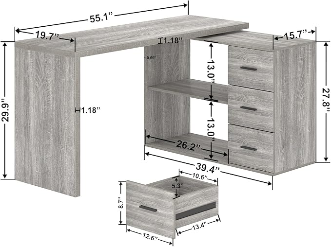 HSH L Shape Desk with Drawers L-Shaped Desk with Storage Cabinet Shelves Home Office Corner Computer Desk for Executive Writing Modern Wood Study PC Table in Bedroom Living Room Grey Oak 55 Inch