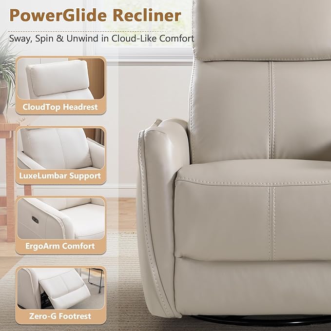 ANJ Power Swivel Rocker Recliner ChairNursery Rocking Chairs with USB &amp Type C PortUpholstered Faux Leather Glider Rocking Chair for Living Room Silver Gray