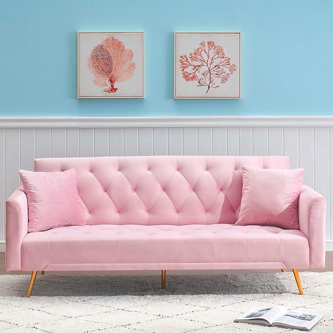 71 Pink Futon Sofa Bed Couch: Velvet Fabric Memory Foam 2 Pillows Gold Metal Feet Adjustable Tufted Backrest Convertible Folding Sleeper Loveseat for Living Room Bedroom Apartment (Pink)