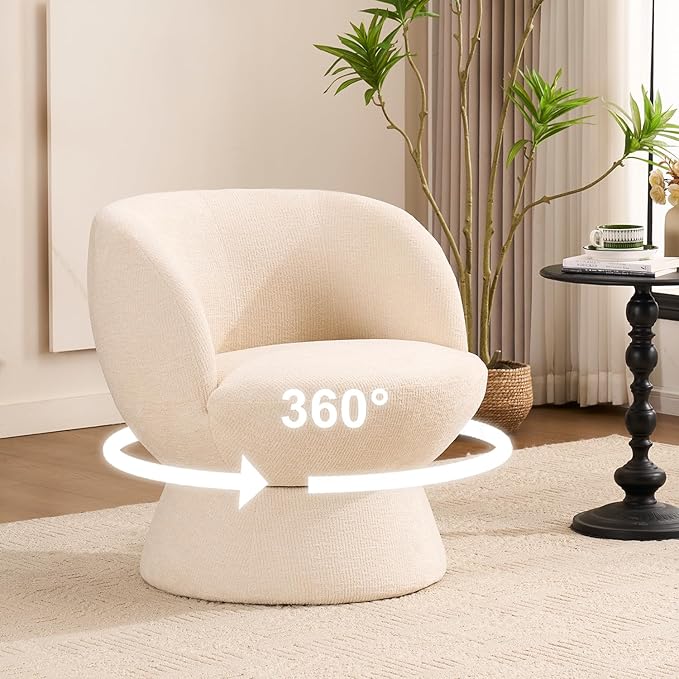 360° Swivel Boucle Bucket Chair Accent Barrel Makeup Vanity Chair Modern Lounge Single Sofa with Padded Armrest for Dining Room Living Room Bedroom and Home Office. (Beige)