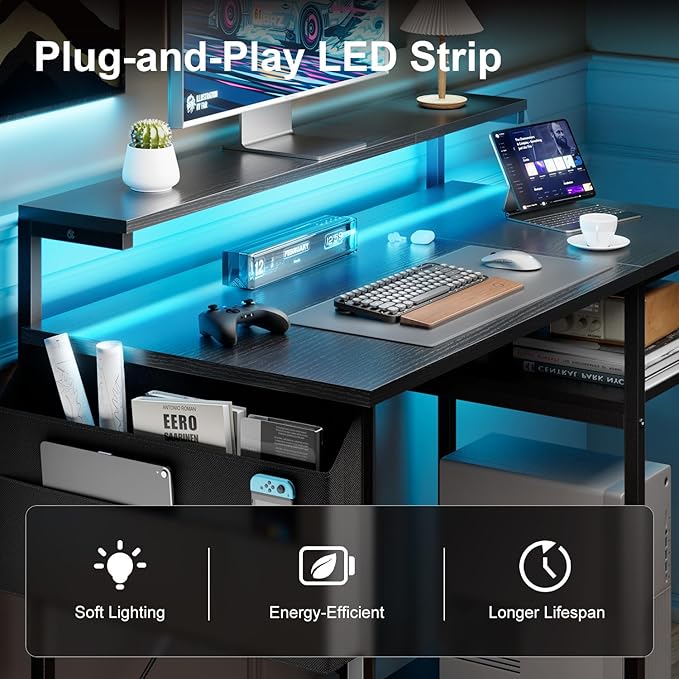 HLDIRECT Computer Desk with LED Lights 47Inch Gaming Desk with Monitor Stand &amp Side Storage Shelves Writing Study Table with Storage Bag for Home Office and Bedroom Black