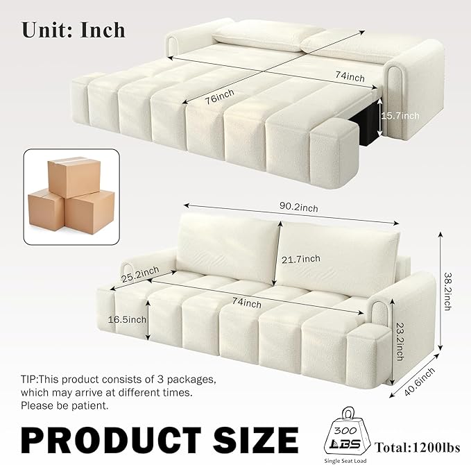 3-in-1 Convertible Sleeper Sofa Bed King Size Pull Out Sofa Bed with Hidden Seat Storage 90 Comfy Teddy Fabric 4-Seater Couch for Living Room Office Apartment (White)