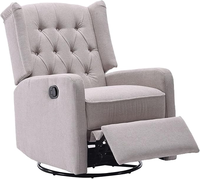 Glider Recliner Nursery Chair Cozy Linen Rocking Chair Nursery Recliner with Adjustable Button Backrest and Footrest Swivel Recliner Chair for Living Room Bedroom Office (Beige)