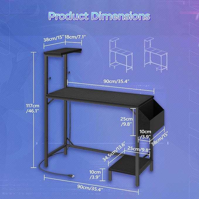 Gaming Desk Computer Desk with Charging Station and LED Light Small PC Desk with Side Storage Bag and Shelves 2 Hooks for Living Room Home Office Bedroom Black CDHS134E01