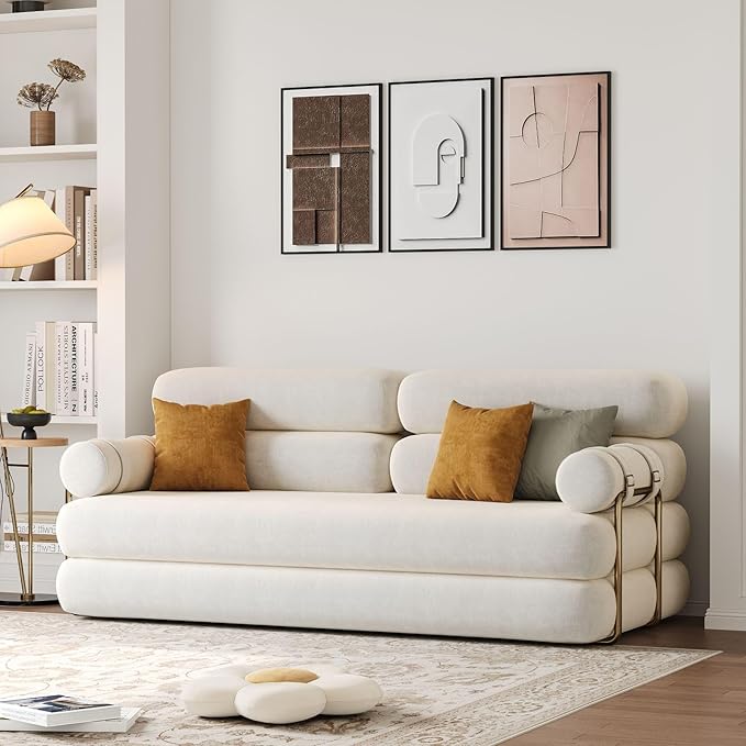 homary Velvet Futon Sofa Bed 81 Convertible Sleeper Couch with Detachable Bolster Pillows Stainless Steel Legs Modern 3-Seater Sofa for Living Room Apartment &amp Small Spaces (White)