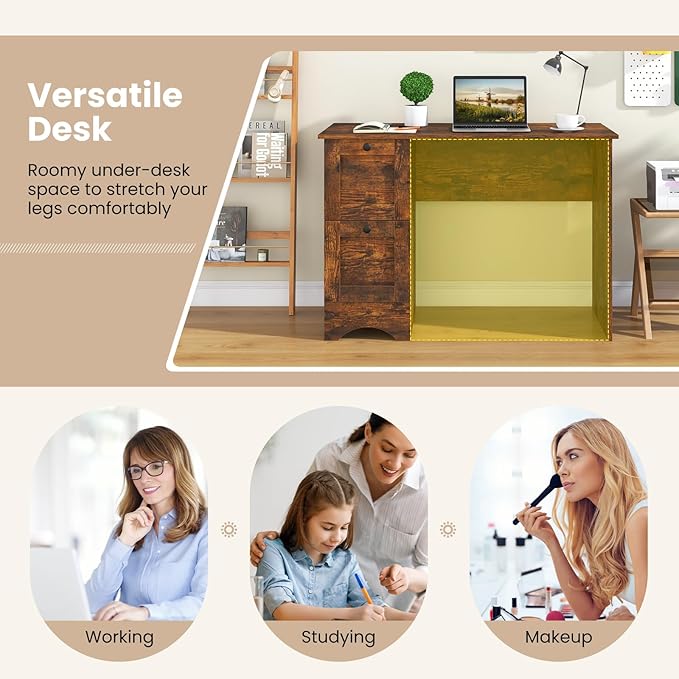 Nightcore 43” Modern Computer Desk Home Office Writing Desk with Power Outlet &amp 2 Storage Drawers PC Laptop Working Desk Workstation for Study Bedroom Living Room (Rustic Brown)