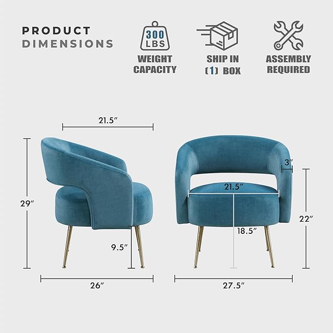Lexicon Mid-Century Modern Velvet Accent Chair with Open Back Gold Metal Legs Upholstered Curved Barrel Armchair for Living Room/Bedroom/Office Easy Assembly Dark Teal