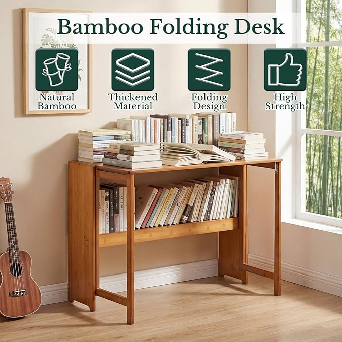 41'' Bamboo Folding Desk with Bookshelf Space-Saving Computer Desk Mid Century Modern Foldable Study Table for Home Office Bedroom Small Spaces - Brown
