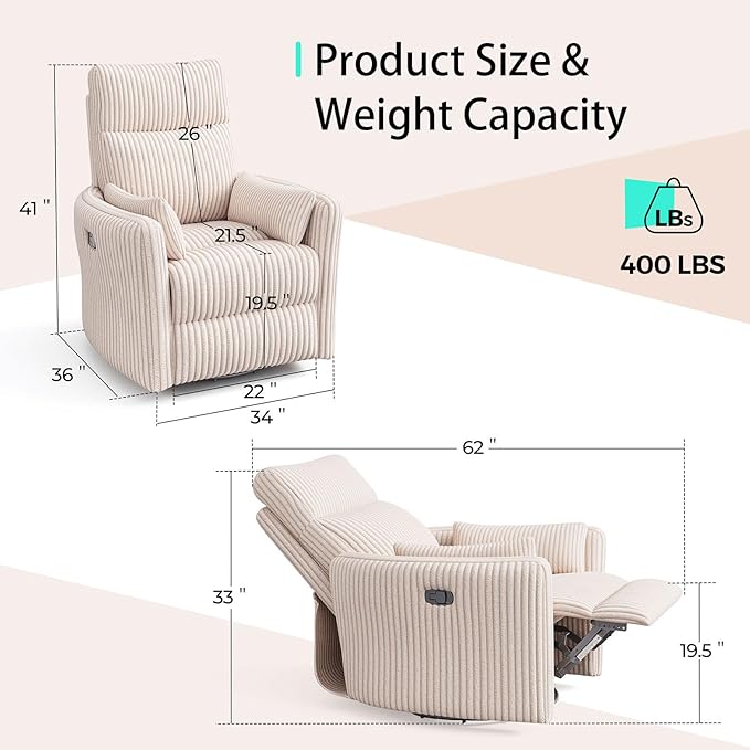 LINSY 360 Swivel Recliner Chair Nursery Glider Rocking Chair with 2 Pillows Corduroy Nursing Chair Comfy High Back Adult Rocker Recliner for Small Spaces Nursery Bedroom Living Room (Beige)