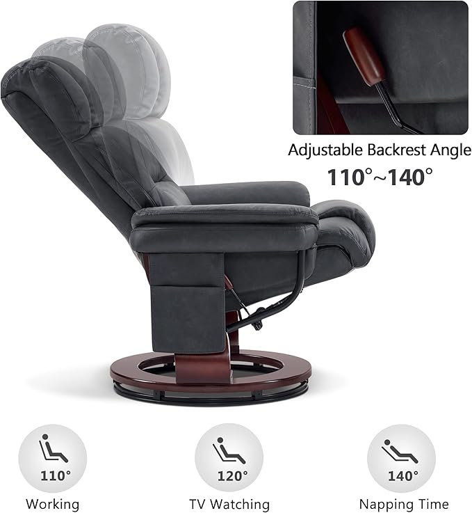 MCombo Swivel Recliners with Ottoman Reclining TV Chairs with Vibration Massage Faux Leather Ergonomic Lounge Chair for Living Room Bedroom 4832 (Dark Grey)