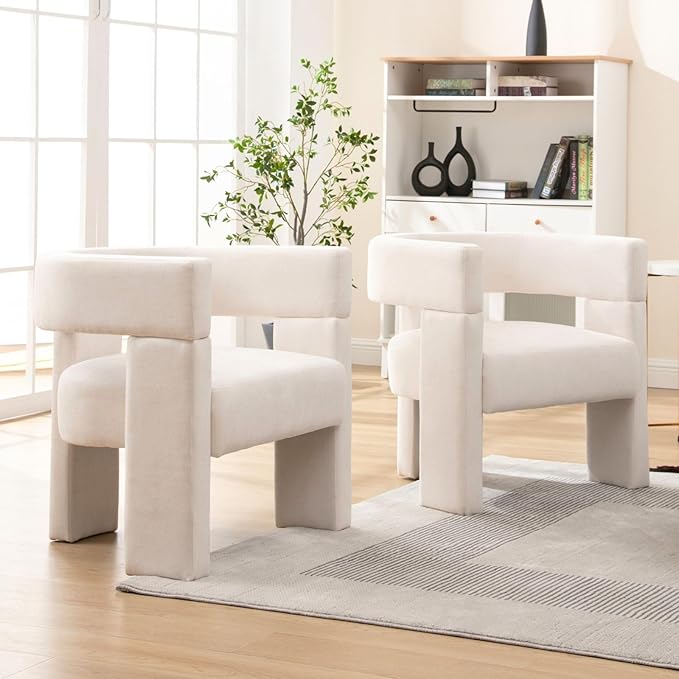 Modern Barrel Accent Chairs Set of 2 Beige Fabric Upholstered Armchairs Comfy Living Room Chairs Side Sitting Chairs for Bedroom Reading
