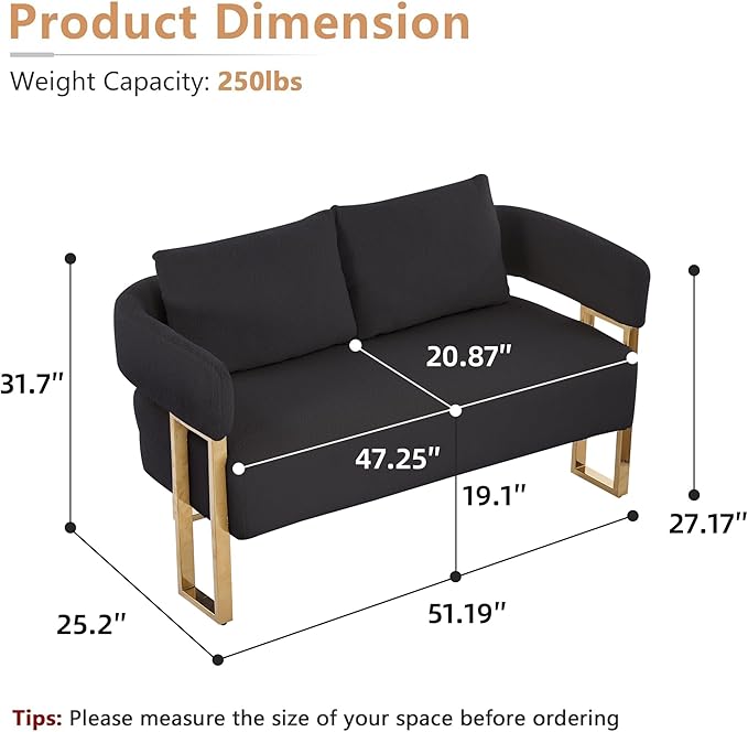 51 Comfy Loveset Sofa Black Small Teddy Love Seat Sofa Bedroom Mini Couch Living Room Side Chair with Gold Metal Legs for Dressing Area Reception Room Office (Black)