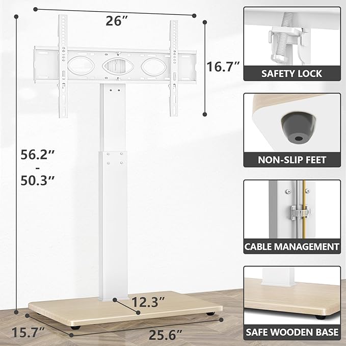 TV Floor Stand for 32-75 Inch Plasma LCD LED OLED Flat Panel or Curved Screen TVs Swivel TV Stand Mount with Height Adjustment and Sturdy Wood Base White