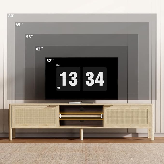 Rattan TV Stand for Living Room - Fits up to 80 Inch TVs Rattan Media Console Table with Adjustable Shelves &amp 2 Storage Cabinets Mid-Century Modern Entertainment Center Oak 71