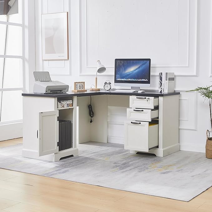 55” Farmhouse L Shaped Desk with Charging StationExecutive L Shaped Desk with Lockable Drawers and Storage Cabinet &amp Adjustable File CabinetWhite Corner Desk for Home Office