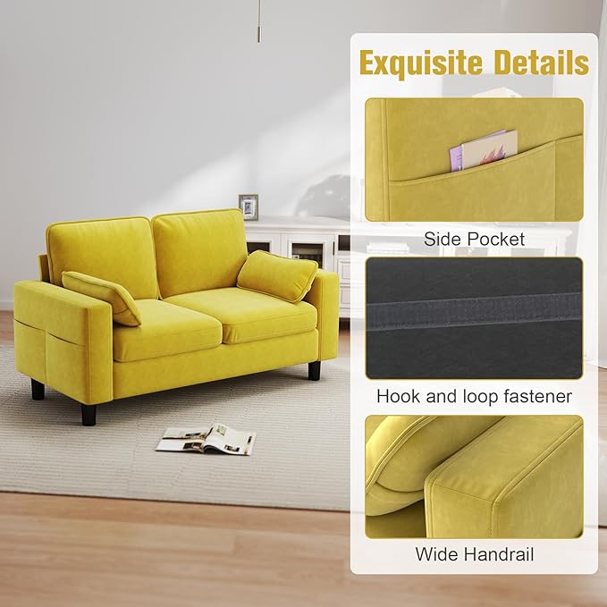 MOTION Loveseat Modern Sofa - Mid Century Couch with Soft Armrest Pillows for Living Room Comfy Office Furniture with Deep Seats Mustard Yellow