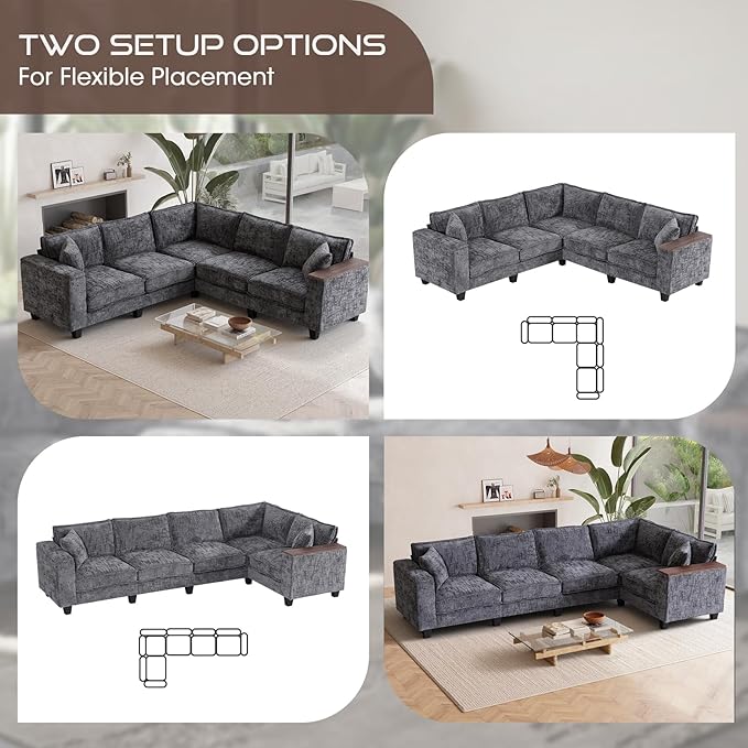 97 5 Seater L Shaped Couch Corner Sofa Oversized Cloud Couch with 2 Pillows Modular Sectional Sofa Armrests with Two Hidden Storage Space Sectional Couches for Living Room Gray Textured