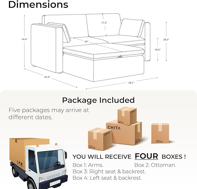 CHITA Modular Sectional Sofa FSC Certified L Shaped Couch with Reversible Chaise Modular Sectional Couch for Small Space 78 inch Width 3 Seat Modular Sofa with Storage Ottoman Terracotta