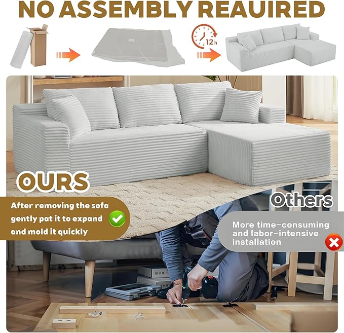 103'' Boneless Cloud Couches for Living Room Corduroy L Shaped Modular Sectional Sofa Couch W/Deep Seat &amp High-Back Comfy Memory Foam Couch Sofa in A Box (Light Grey Right Facing Chaise)