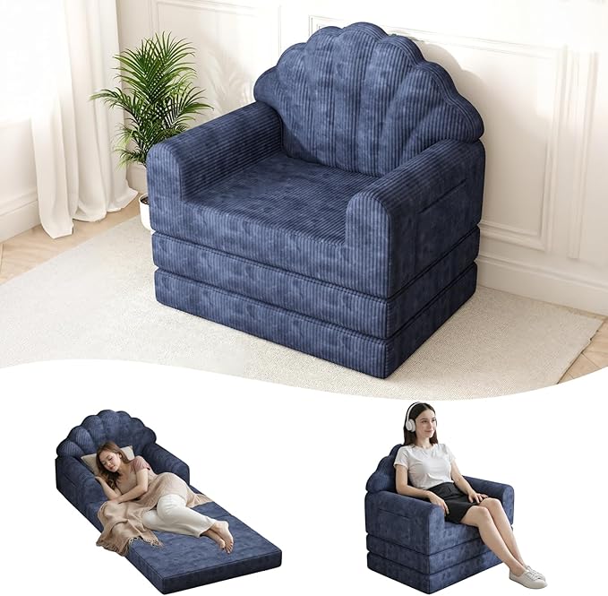 2-in-1 Folding Sofa Bed with Back Support 75 D x 34 W Convertible Futon Sleeper Chair for Adult Fold Out Bean Bag Floor Foam Lounger Couch for Living Room Bedroom Small Space Navy Blue