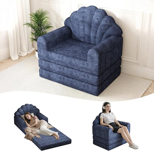 2-in-1 Folding Sofa Bed with Back Support 75 D x 34 W Convertible Futon Sleeper Chair for Adult Fold Out Bean Bag Floor Foam Lounger Couch for Living Room Bedroom Small Space Navy Blue