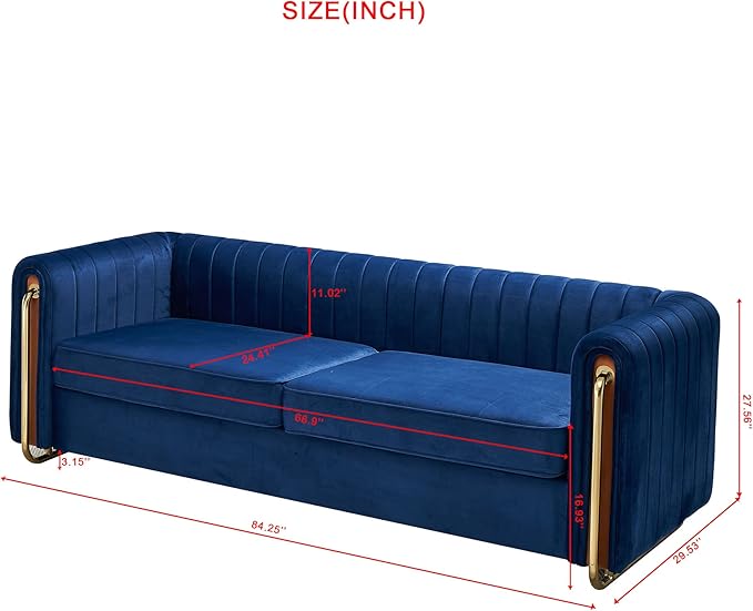 kevinplus 84.2'' Velvet Chesterfield Sofa Couch for Living Room Modern Luxury 3-Seat Upholstered Sofa Couch for Apartment Bedroom Dorm Office Strong Gold Metal Legs (Channel Backrest Blue)