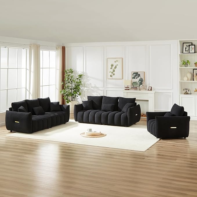 Modern Cloud Sofa Couch Set 2 Pieces Teddy Bouclé Couch and Loveseat Sets Tufted Upholstered Deep Seat Fluffy Comfy Couch Furniture Sets for Living Room Bedroom(Armchair+3 Seater Sofa Black)