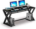 IPKIG Tempered Glass Computer Desk Modern Study Office Desk with Metal Frame and Glass Top Writing Study Desk Table Gaming Desk for Home Office Workstation (Black 55.1 Inch)